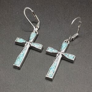 925 Silver Plated Turquoise Cross Earrings Western Valentine's Anniversary Gift